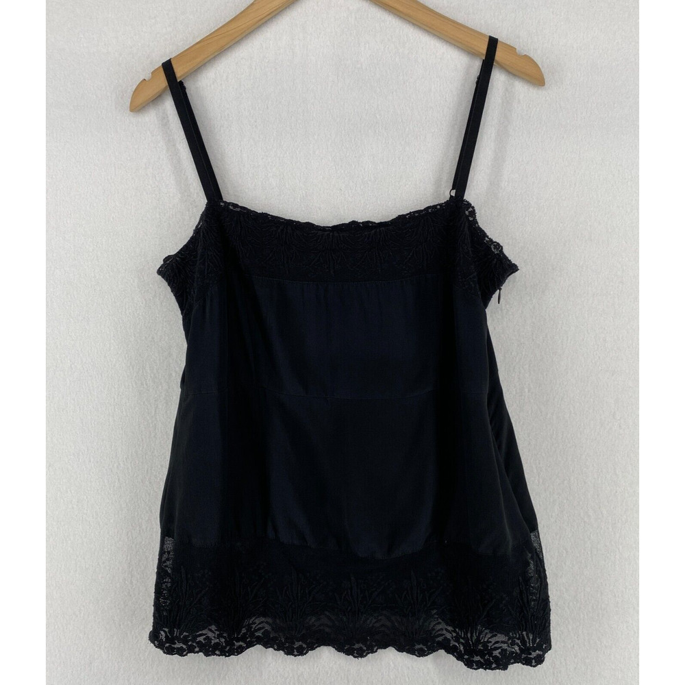 Eileen Fisher Silk Crepe De Chine Black Camisole - Floral Lace Trim - Size Small